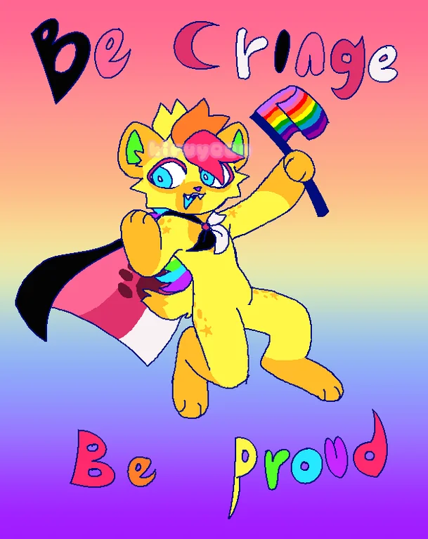 a drawing of a furry holding a small, the original rainbow flag, while wearing the cringe pride flag as a cape. and it says be cringe, be free