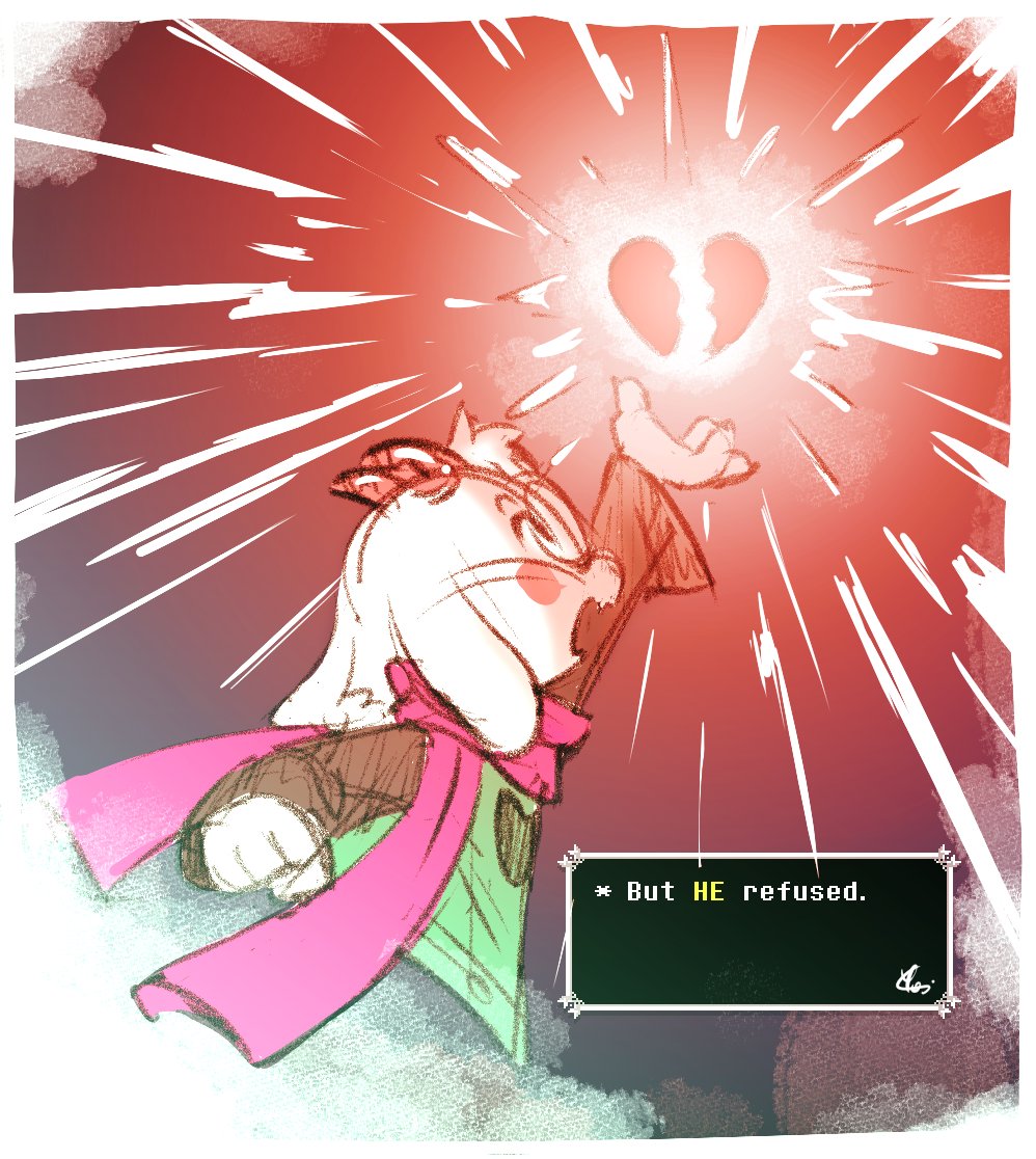 child ralsei putting a hand up to a broken heart symbol (in deltarune, heart represents the player-soul), causing glowing light around it, and there's a game textbox that says, but he refused