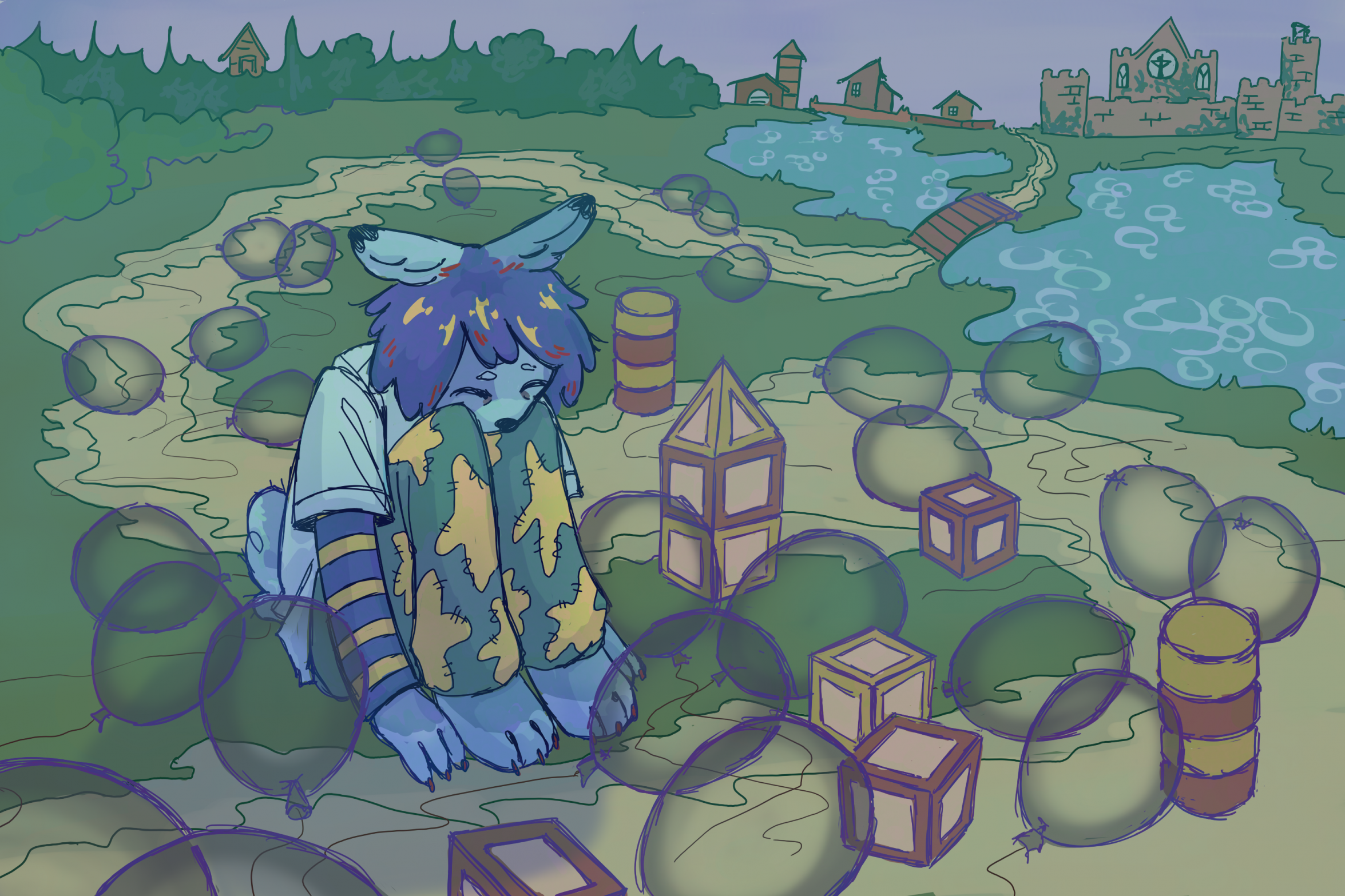 a furry creature sitting with eyes closed, surrounded by playilng blocks and fallen baloons, in a grassy landsons, in a grassy landscape, with a river and castle and houses in the background
