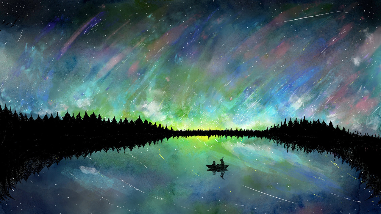 a drawing of a reflective lake surrounded by forest. most of the drawing is aurora sky, both in the background and reflected in the surface of the lake. in the lake is a sillhouette of a small canoe, with a girl child sitting in one side, and a horned being sitting in the other, facing each other. (they're Shiva and Teacher from the manga totsukuni no shoujo)
