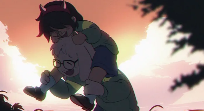 a drawing of asriel as a kid (can also be interpreted as ralsei) holding kris on their shoulders, and kris is holding onto their horns. they're both playing and have expressions of fun. they're outside, the sky is behind them.