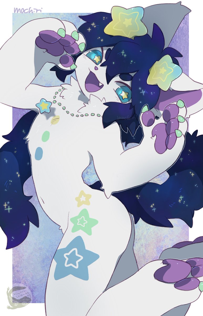 a drawing of an adorable, and small furry creature. sparkly with different colored stars and other patterns on their fur body. and stars in their eyes. lets be stars together