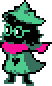a ralsei sprite (ralsei is a character from deltarune), it looks like they're standing in the wind with their scarf blowing behind them